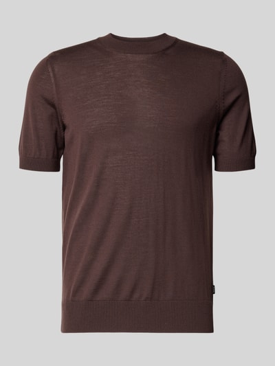Produktfoto, Regular Fit Pullover aus reiner Schurwolle Modell 'UMAURO' von BOSS in Braun, unifarben, mit Rundhalsausschnitt und kurzem Arm.