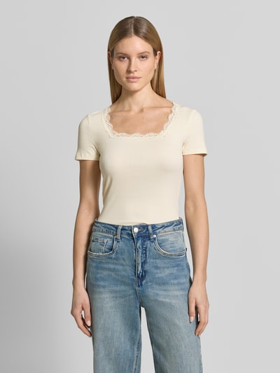 Jake*s Casual T-Shirt in Ripp-Optik mit Spitzenbesatz Beige 4