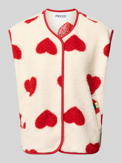 Produktfoto, cremefarbene Regular Fit Weste mit roten Herzmotiven und flauschiger Textur, Modell 'KATTY' von PIECES, Damen Weste