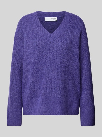 Selected Femme Gebreide pullover met V-hals, model 'ALVIA' Blauw gemêleerd - 2