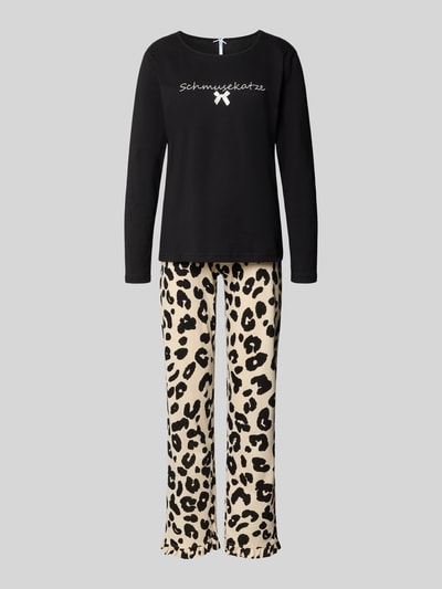 Produktfoto, Pyjama-Set aus reiner Baumwolle Modell 'Schmusekatze' van LOUIS & LOUISA met zwarte top en beige pyjamabroek met kattenprint, regular fit, ronde hals, met lange mouwen, sierstrik, puur katoen