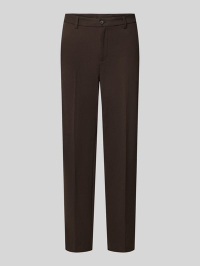 Produktfoto, Straight Fit Stoffhose mit Viskose-Anteil von Lindbergh in Dunkelbraun, Bügelfalten, Struktur glatt, Knopf- und Reißverschluss, elastischer Material-Mix, Bundweite 42 cm, Innenbeinlänge 80 cm