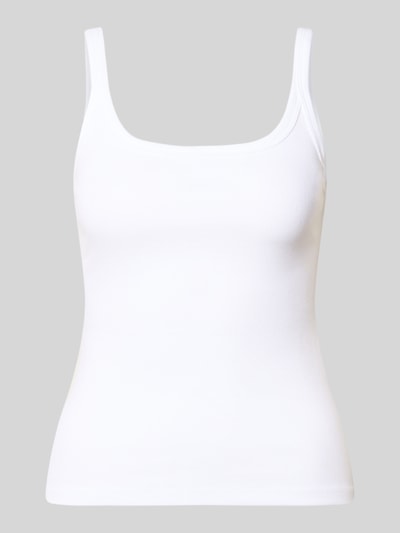 Produktfoto, weißes Tanktop in Ripp-Optik Modell 'MOLLY' von Topshop, Baumwoll-Elasthan-Mix, Slim-Fit, Rückenlänge 38 cm bei Größe S.