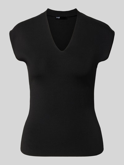 Produktfoto, schwarzes Stricktop mit V-Ausschnitt, taillierter Schnitt, feine glatte Textur, Modell 'CANELONS' von MANGO, Viskose-Mix.