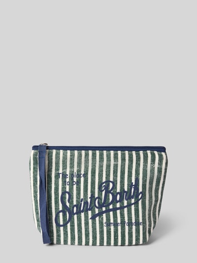Produktfoto, grün-weiß gestreifte Kosmetiktasche aus Leinen mit Statement-Print Modell 'ALINE' von MC2 Saint Barth, Reißverschluss, Hauptfach