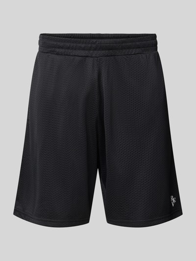 Produktfoto, Shorts aus Mesh mit Logo-Print von REVIEW, schwarze Mesh-Struktur, Loose-Fit, elastischer Bund, seitliche Eingrifftaschen, Bundweite 42 cm, Innenbeinlänge 18 cm, Größe M