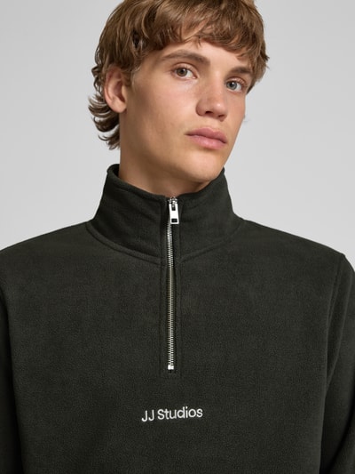 Jack & Jones Fleecepullover met kangoeroezak, model 'SOHO HALFZIP FLEECE' Olijfgroen - 3