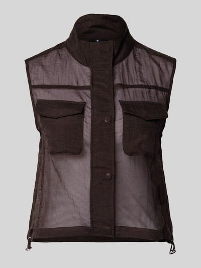 Produktfoto, Weste in semitransparentem Design von monari in Braun mit Stehkragen, Brusttasche, taillierter Passform, Knopfleiste, feine Netzstruktur, Rückenlänge 48 cm, Schulterbreite 39 cm, Brustweite 46 cm für Damen.