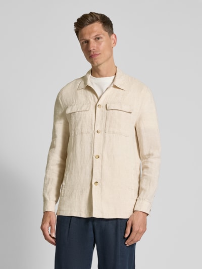 Manuel Ritz Regular fit linnen overhemdjack met klepzakken op de borst Offwhite - 4