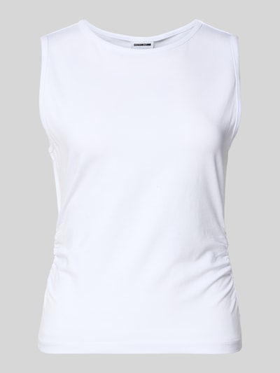 Produktfoto, Top mit Rundhalsausschnitt Modell 'MOLLY' von Noisy May, biały, krój slim fit, bawełna z elastanem, detal z logo, długość pleców 52 cm w rozmiarze S, gładka faktura