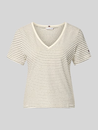 Productfoto, Regular Fit T-Shirt aus Baumwoll-Leinen-Mix van Tommy Hilfiger, beige met zwarte streep, V-hals, korte mouw, logo-stiksel, allover-motief, katoen-linnenmix