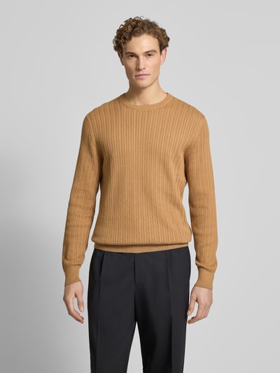 Christian Berg Men Strickpullover mit gerippten Abschlüssen Cognac 4