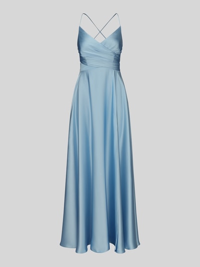 Produktfoto, Abendkleid in Wickel-Optik von Jake*s Cocktail aus glänzendem, hellblauem Satin mit Maxilänge und Spaghettiträgern, taillierte Passform