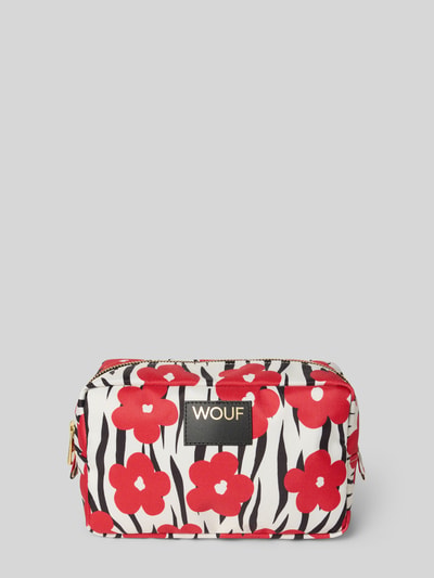 Produktfoto, Kosmetiktasche mit Logo-Patch Modell 'Wildflower' von WOUF in Weiß mit schwarzem Animal-Print und rotem floralem Allover-Print, strukturierte Oberfläche, Reißverschluss am Hauptfach