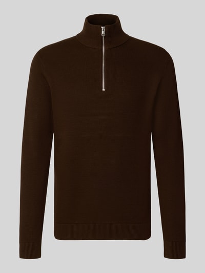 Produktfoto, dunkelbrauner Regular Fit Troyer aus reiner Baumwolle Modell 'DANE' von Selected, glatte Oberfläche, silberner Reißverschluss