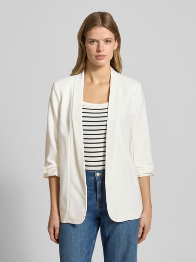 Kobiece model nosi Regular Fit Longblazer z dodatkiem wiskozy Model 'BOSELLA' od Pieces, efekt: jednolity kolor, tkana faktura, rękaw o dł. 3/4, poduszki na ramionach, kołnierz z połami, widok całej sylwetki z przodu.