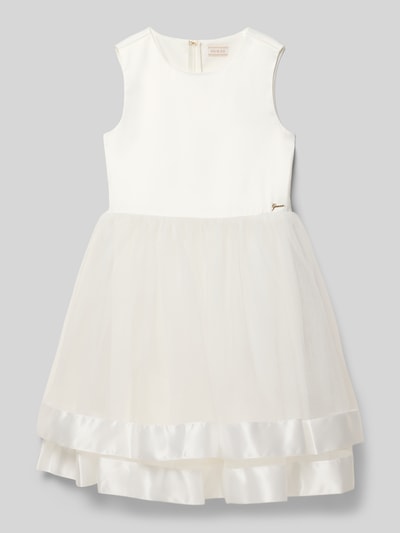 Produktfoto, 'Kleid mit Tüll und rückseitigem Reißverschluss' von Guess, biała sukienka z tiulem, okrągły dekolt, materiał z dodatkiem stretchu, długość tyłu w rozmiarze 140: 76 cm