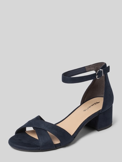 Produktfoto, Sandaletten in Velours-Optik von Tamaris in Dunkelblau mit Blockabsatz und schlichter Sandalen-Form, Damen Sandaletten von Tamaris