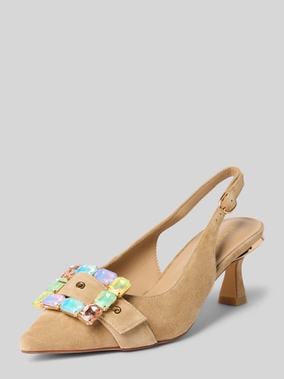Produktfoto, Pumps mit Ziersteinbesatz und Pfennigabsatz von Alma en Pena in Beige, spitz zulaufend, Riemen mit Schnalle, Absatz 7 cm, samtige Textur