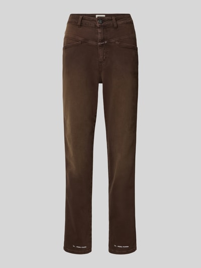 Produktfoto, Relaxed Fit Jeans mit Label-Detail Modell 'PEDAL PUSHER' von Closed aus dunkelbraunem Baumwoll-Mix mit Stretch-Anteil, sichtbare Eingrifftaschen und sichtbare Textur. Damen Jeans, Bundweite 36 cm, Innenbeinlänge 70 cm bei Größe 27/32.