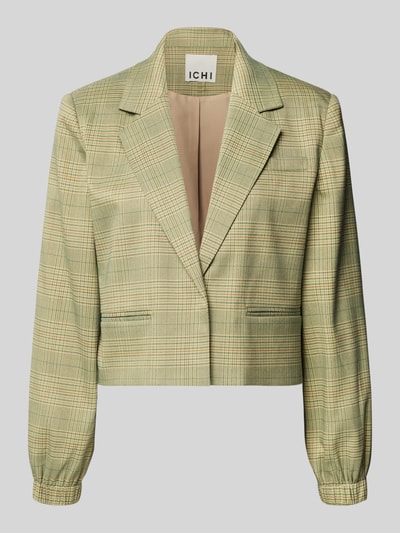 Produktfoto, Regular Fit Blazer mit elastischen Ärmelabschlüssen Modell 'Joli' von ICHI in lichtgroen-geruit elastische materiaalmix met viscose, reverskraag, borstzak, paspelzakken, ruglengte maat 36 48 cm, borstwijdte 40 cm, mouwlengte 60 cm.