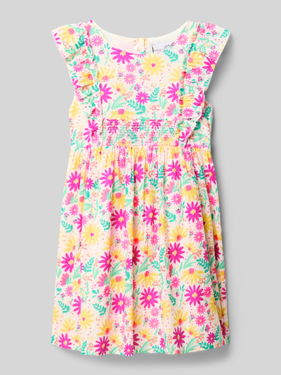 Productfoto, knielanges Kleid mit Schmetterlingsärmeln van Happy Girls, katoen, a-lijn, bloemenprint, ronde hals, knoopsluiting achter.