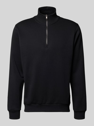 Produktfoto, schwarzes Regular Fit Sweatshirt mit Troyer-Kragen Modell 'Bradley' von Jack & Jones, glatte Textur, elastische Abschlüsse, Material-Mix mit Baumwoll-Anteil