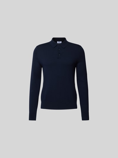 Produktfoto, Slim Fit Poloshirt aus Woll-Mix von Filippa K in Dunkelblau mit Strick-Optik, elastische Abschlüsse, langärmeliges Design, Rückenlänge bei Größe M: 67 cm