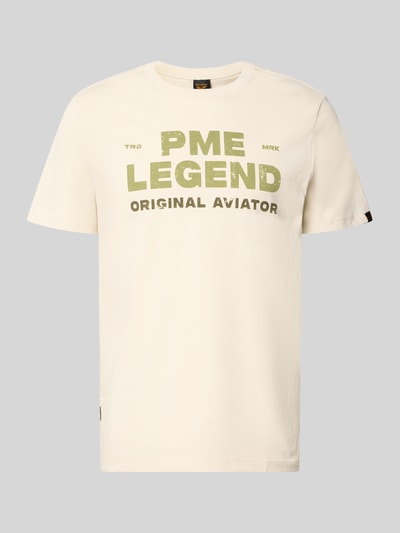 Produktfoto, T-Shirt mit Rundhalsausschnitt und Label-Print von PME Legend in Beige, reine Baumwolle, Regular Fit, Frontansicht, dezente Struktur