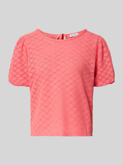 Productfoto, Strickshirt mit Puffärmeln van More & More in katoenmix, regular fit, ronde hals, korte mouwen, ruglengte 55 cm, roze met ajourstructuur