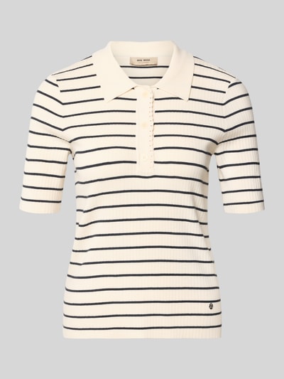 Produktfoto, Strickshirt mit Streifenmuster Modell 'Caliz' von MOS MOSH in Creme mit schwarzen Streifen, Viskose-Mix mit Seiden-Anteil, Regular-Fit, Ripp-Optik, Polokragen, Knopfleiste, Rückenlänge 54 cm, Ärmellänge 26 cm, Damen