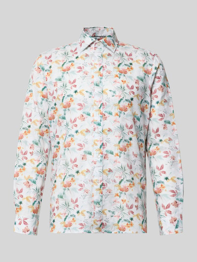 Produktfoto, Slim Fit Business-Hemd aus Leinen-Mix mit Kentkragen von Jake*s, wielokolorowy wzór kwiatowy, len z bawełną, krój slim fit, allover-look, Kentkragen, długość tyłu w rozmiarze M 76 cm, szerokość ramion w rozmiarze M 46 cm, długość rękawa w rozmiarze M 65 cm