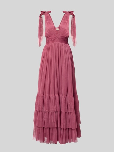 Produktfoto, Maxikleid im Stufen-Look von LACE & BEADS, siateczka, krój A-linie, V-dekolt, pasek w talii, wiązane ramiączka, marszczenia z tyłu, długość 150 cm w rozmiarze S, szerokość w rozmiarze S: 40 cm, kolor różowy, tekstura warstwowa