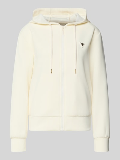 Productfoto, Regular Fit Sweatshirt met logo-applicatie model 'Olympe' van Guess Activewear, elastische materiaalmix met modal, capuchon met tunnelkoord, ritssluiting, elastische boorden, effen lichtgeel, gladde textuur.