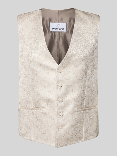 Produktfoto, Weste mit V-Ausschnitt und Leistentaschen von Wilvorst, gemusterter Stoff in Beige mit Knopfleiste und geradem Schnitt.