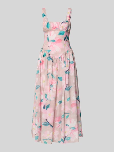 Produktfoto, midi-jurk van zuiver ramie in A-lijn van Bardot, all-over look, model 'CARTIA', roze en groen bloemmotief