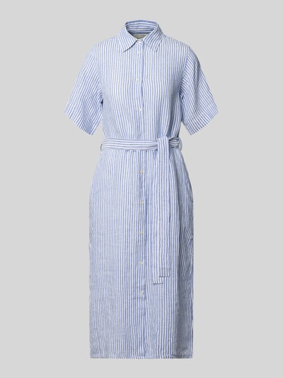 Produktfoto, Hemdblusenkleid aus Leinen mit Bindegürtel von Gant in Blau-Weiß gestreift, Taillierter Schnitt, Midikleid, Hemdblusenkragen, Knopfleiste, Rückenlänge 118 cm bei Größe 36, Brustweite 46 cm bei Größe 36, Ärmellänge 23 cm bei Größe 36, strukturierte Leinen-Oberfläche.
