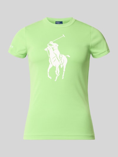 Produktfoto, Slim Fit T-Shirt aus Baumwoll-Mix von Polo Ralph Lauren in hellem Grün, unifarben, Logo-Print, Ripp Jersey, Kurzarm, Rundhals.