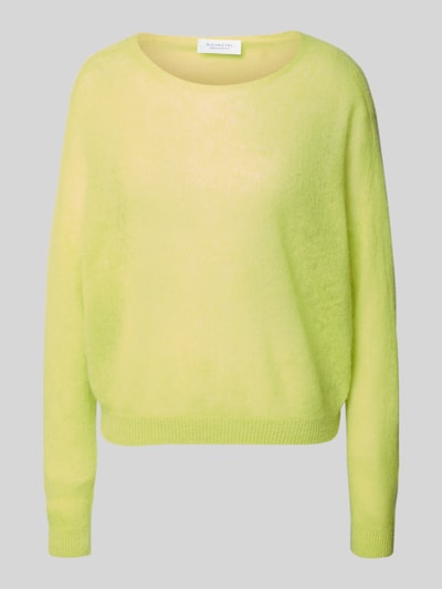 Produktfoto, Regular Fit Pullover aus Alpaka-Mix in Strick-Optik von Rich & Royal, mieszanka wełny z alpaki, dodatek wełny, krój regular fit, imitacja dzianiny, okrągły dekolt, elastyczne wykończenia, długość tyłu 55 cm, długość rękawów 58 cm, kolor żółty, miękka tekstura.