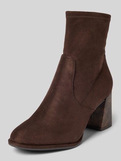 Produktfoto, Stiefeletten mit Blockabsatz in Schlangenleder-Optik van Tamaris, bruin, ronde neus, suède look, gestructureerde zool