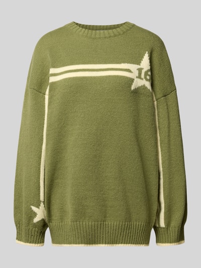 Produktfoto, olivgrüner Strickpullover mit cremefarbenen Sternmustern und Rundhalsausschnitt, Modell 'STAR' von DAISY STREET, Relaxed Fit, Damen Strickpullover, Allover-Look, gerippte Bündchen, Größe S mit 71 cm Rückenlänge und 53 cm Ärmellänge