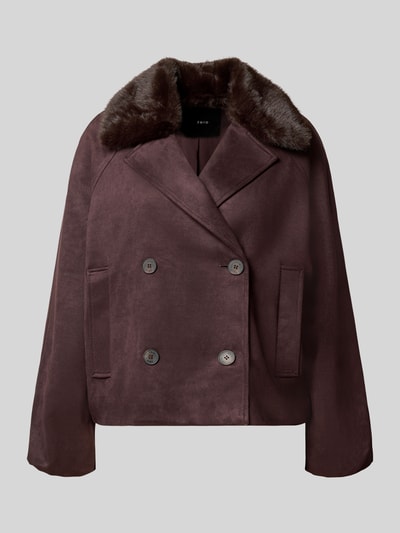 Produktfoto, Regular Fit Jacke in Velours-Optik von zero, brauner Elastikstoff, Kunstfellbesatz, doppelte Knopfleiste, Reverskragen