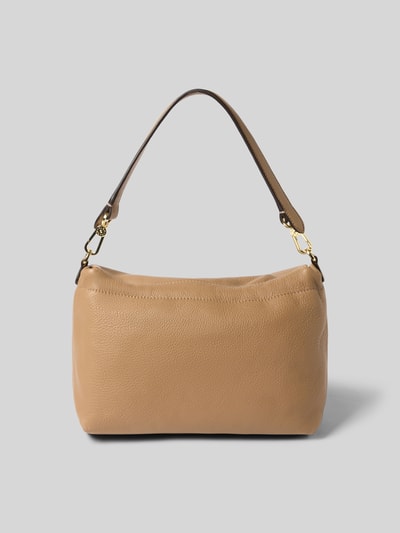 Produktfoto, Shoulder Bag aus echtem Leder Modell 'NANA' von Abro in Beige mit strukturierter Oberfläche und kurzem Henkel, Hauptfach mit Überschlag und Magnetverschluss, Drawstring-Verschluss, abnehmbarer Schulterriemen, Innenfach mit Reißverschluss, Maße 33x20x10 cm, Länge Schulterriemen 108 cm.