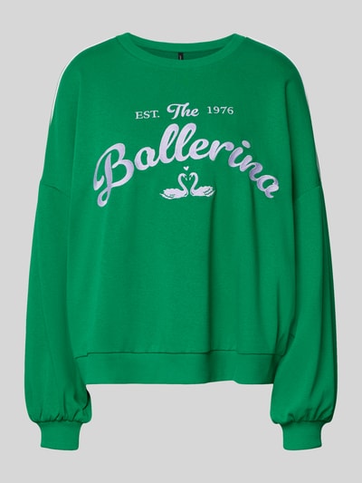 Produktfoto, Oversized Sweatshirt aus Baumwoll-Mix Modell 'JAMIE' von Vero Moda in Grün mit Motiv-Print, Kontraststreifen, Sweatstruktur