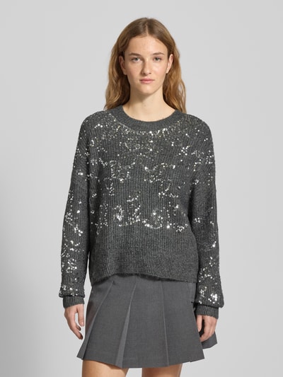 Only Sweter z dzianiny o kroju relaxed fit z cekinowym obszyciem model ‘LALTA’ Antracytowy melanż 4