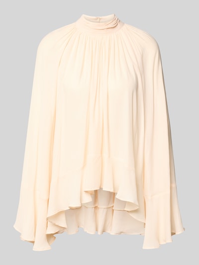 Produktfoto, Blusenshirt mit Stehkragen von Gina Tricot w kolorze jasnobeżowym, prosty krój, marszczenia, szerokie rękawy, długość tyłu w rozmiarze S 73 cm, długość rękawa w rozmiarze S 68 cm, gładka tekstura