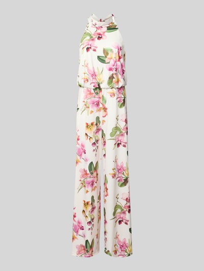 Produktfoto, Regular Fit Jumpsuit mit floralem Allover-Print von V by Vera Mont, biały materiał, kolorowy kwiatowy wzór, krój regular fit, bez rękawów, z wycięciem z tyłu, suwak w szwie, długość tyłu w rozmiarze 36: 147 cm, szerokość w rozmiarze 36: 36 cm, całkowita długość w rozmiarze 36: 132 cm, długość wewnętrzna nogawki w rozmiarze 36: 81 cm