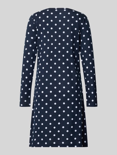 Frauenmodel trägt Nachthemd im Allover-Look mit Stitching von LOUIS & LOUISA, puur katoen, a-lijn, ronde hals, donkerblauw met witte stippen, all-over look, stitching, ganzkörperansicht rückansicht.