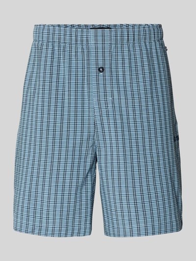 Produktfoto, Regular Fit Pyjama Shorts aus Viskose-Mix Modell 'CHRIS' von BOSS, Optik:Allover-Muster Gitterkaro, Label-Patch, hellblauer Grund, glatte Struktur, Bundabschluss elastisch, seitliche Eingrifftaschen, Gesäßtasche