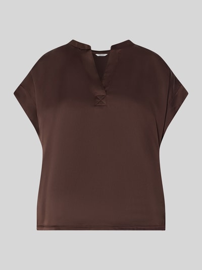 Produktfoto, b.young T-Shirt mit Serafino-Ausschnitt Modell 'SELITA' aus braunem Satin, Regular Fit, glatte Textur, Rückenlänge 59 cm